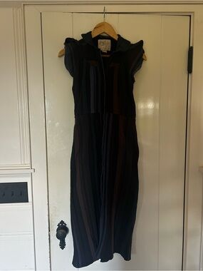 Allegri Black Midi Dress with Navy and Burgundy Stripes